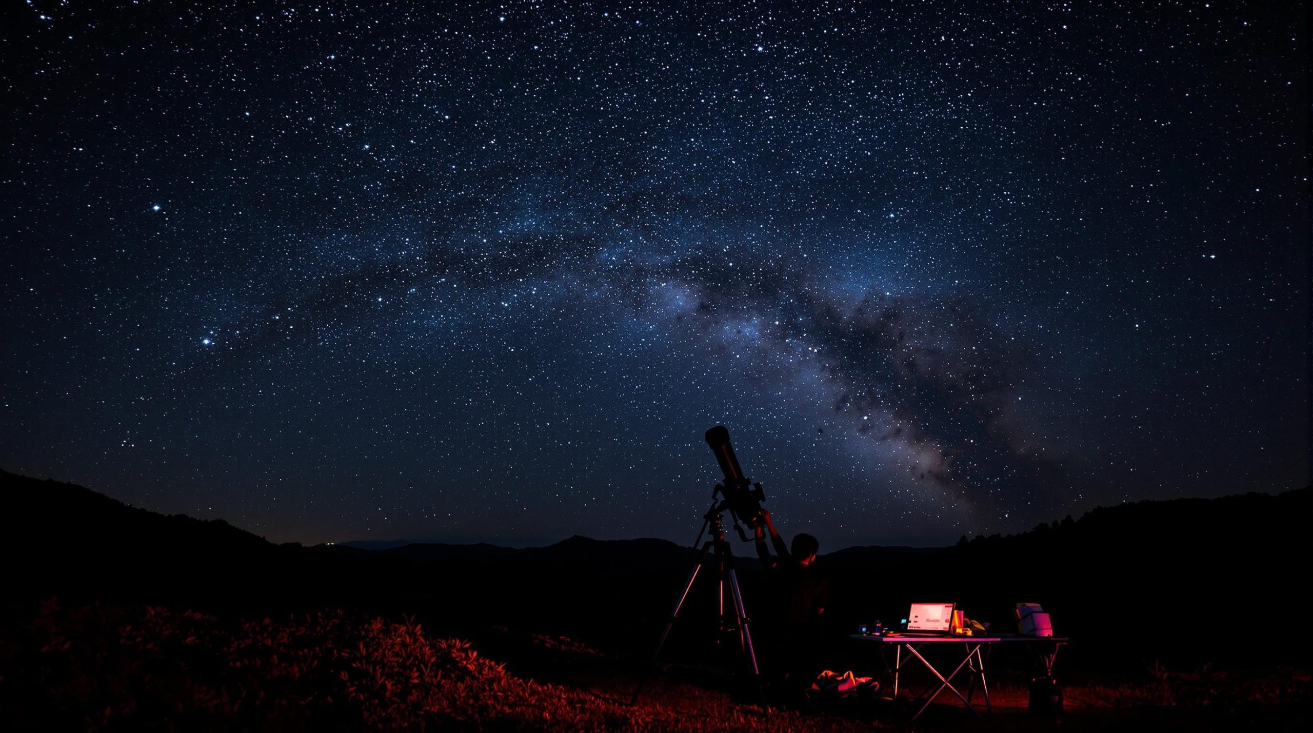 Télescope Skywatcher avec accessoires sous un ciel étoilé