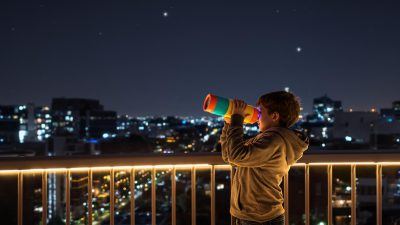 enfant utilisant un télescope jouet en plastique