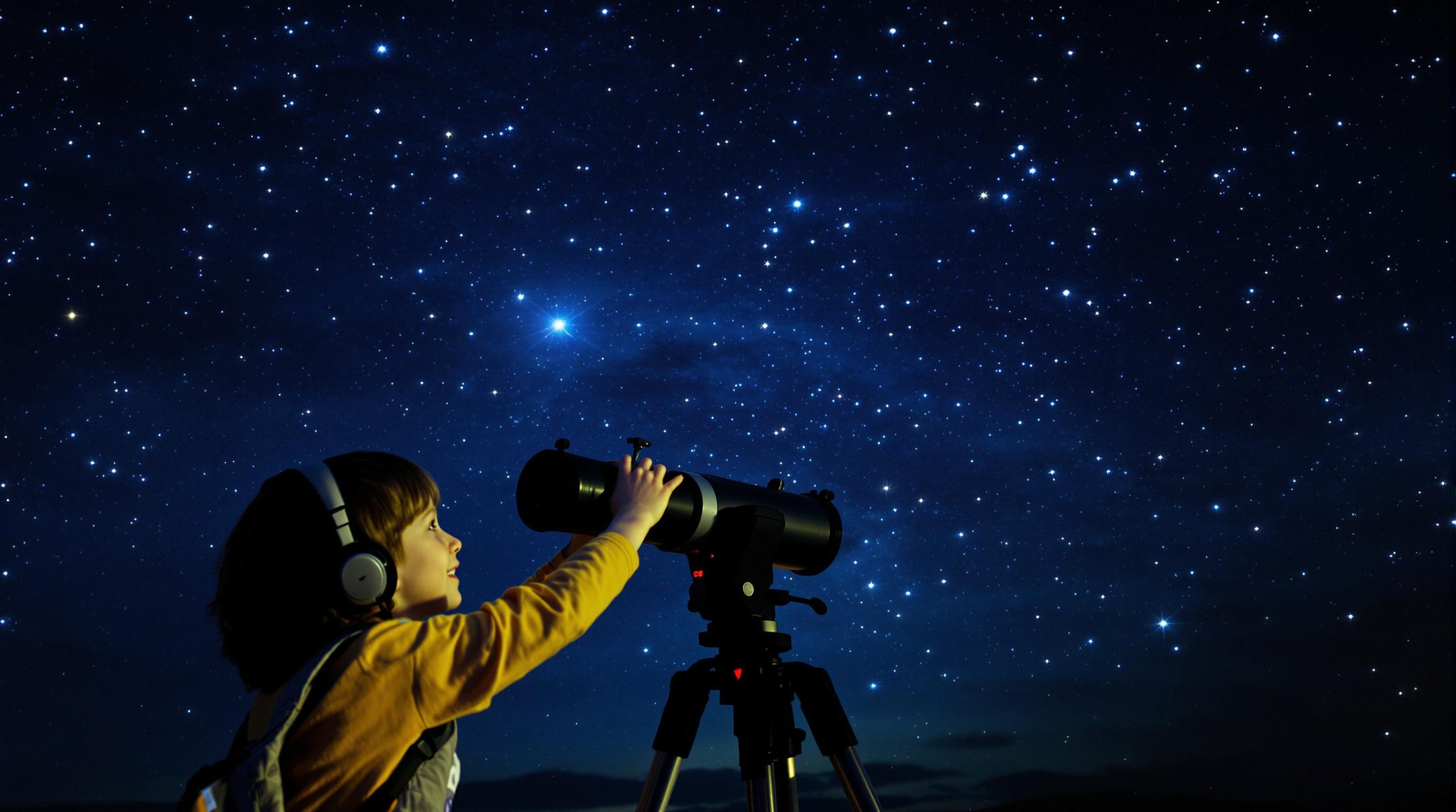 Enfant utilisant un télescope sous un ciel étoilé