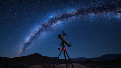 monture équatoriale de télescope sous un ciel étoilé