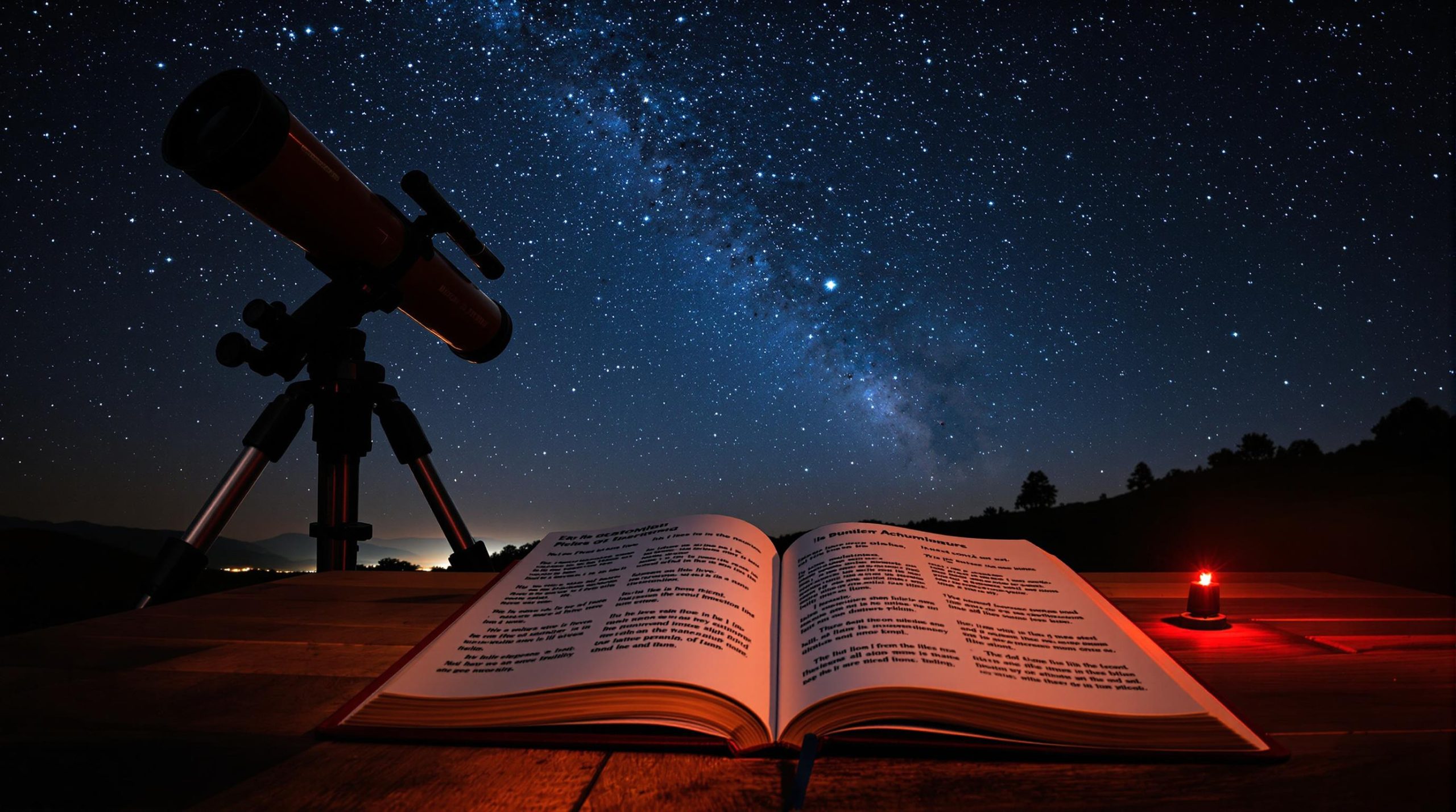 Télescope et livre d'astronomie sous un ciel étoilé