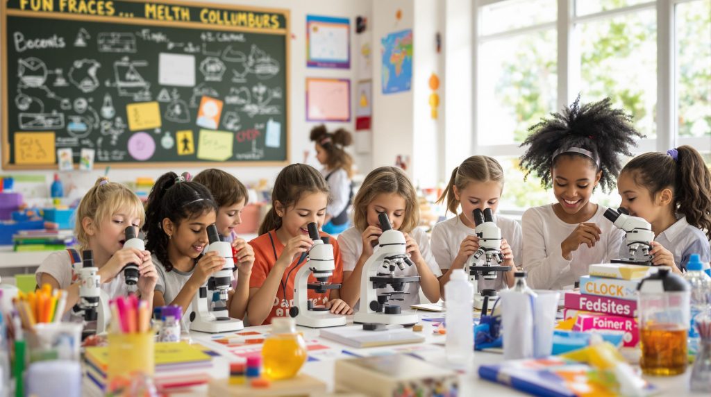 Enfants explorant avec des microscopes