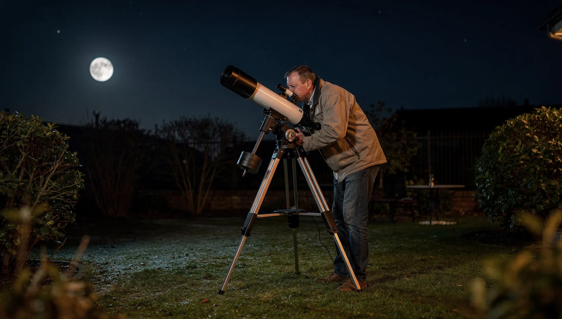 Astronome observant à travers une lunette sur trépied, avec la Lune visible dans un jardin de nuit.