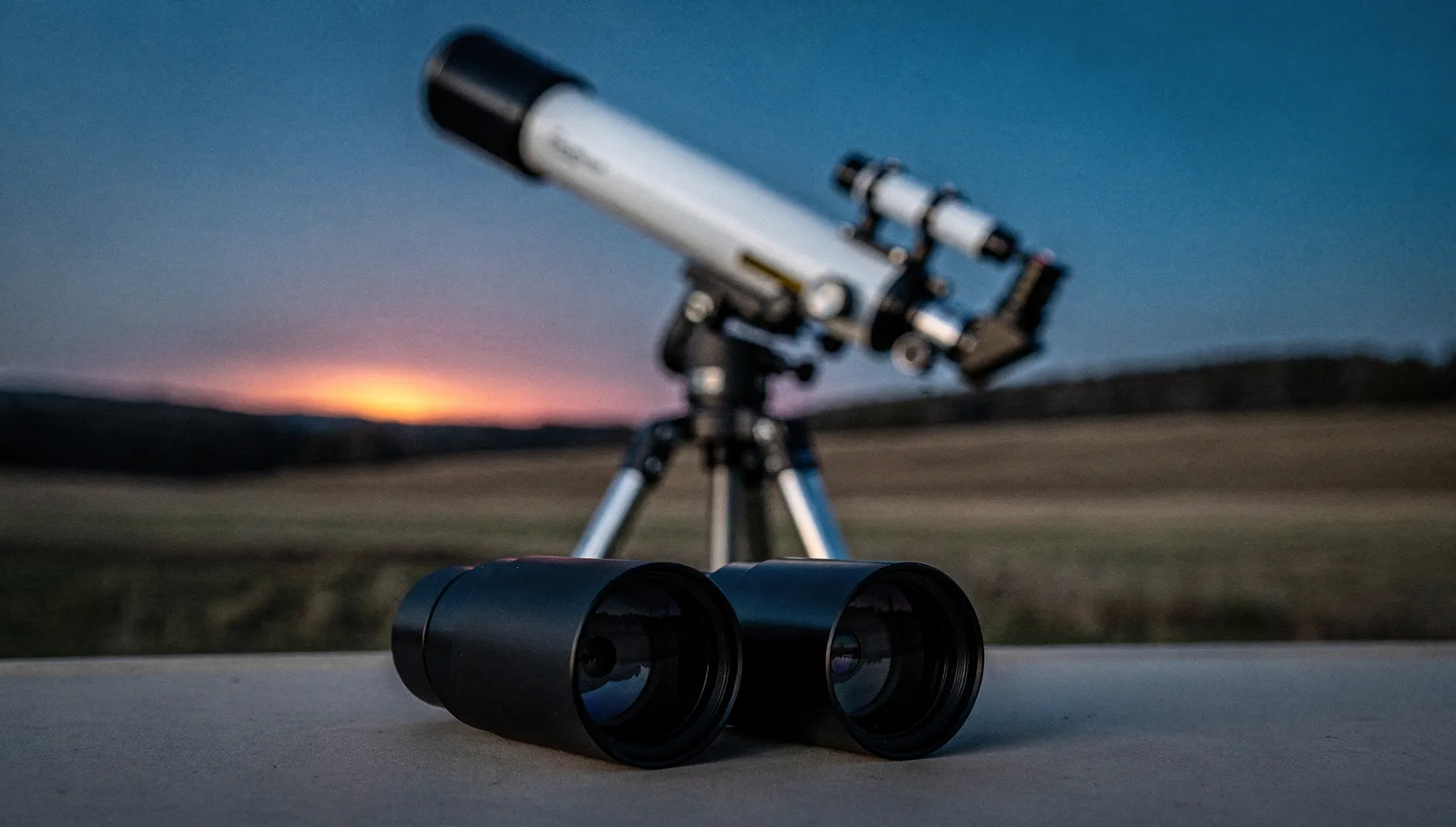 Deux oculaires de tailles différentes posés devant une lunette astronomique sur trépied au crépuscule.