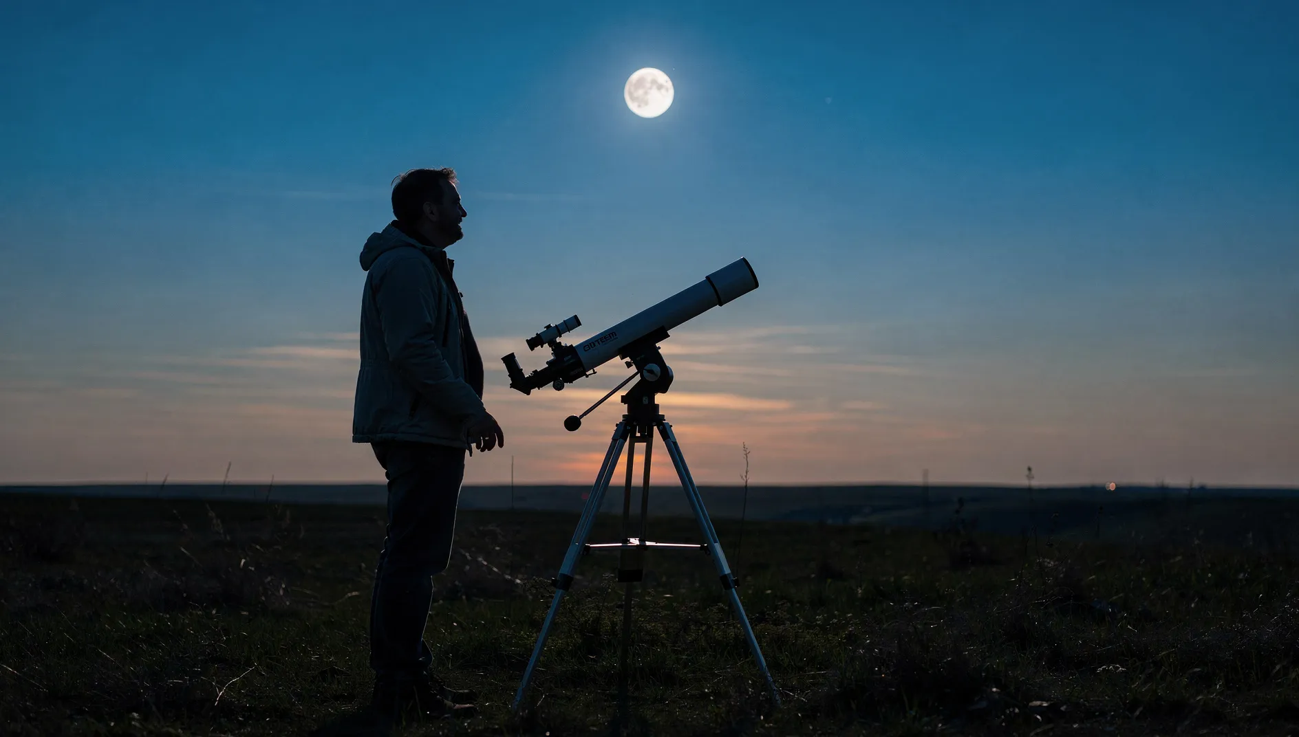 Illustration d’un observateur près d’une lunette astronomique sur trépied, sous la Lune.