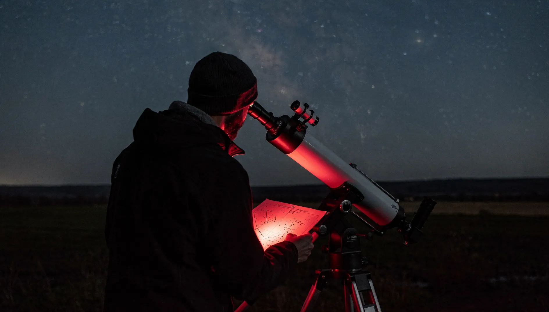 Illustration d’une personne observant au télescope sous un ciel étoilé, avec une carte éclairée en rouge.